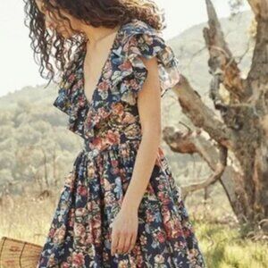 Doen Pecos Liberty Fabric Midi Dress Size M Indigo Iris Floral